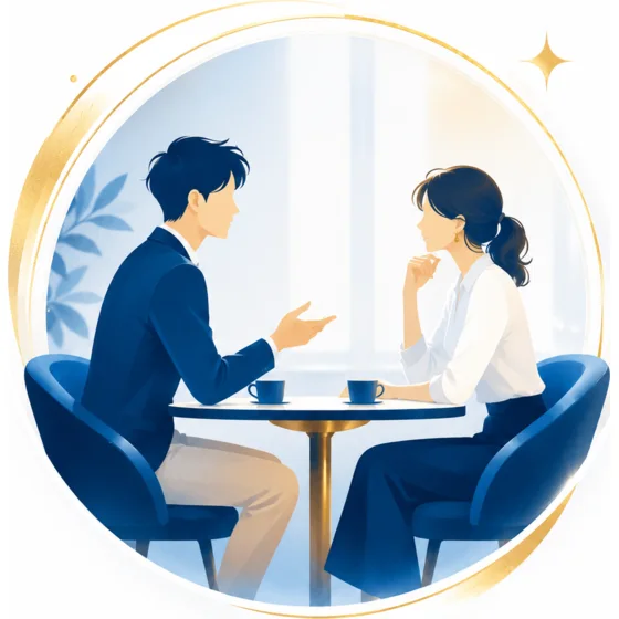 カフェで向き合って会話する模擬デートのイメージ