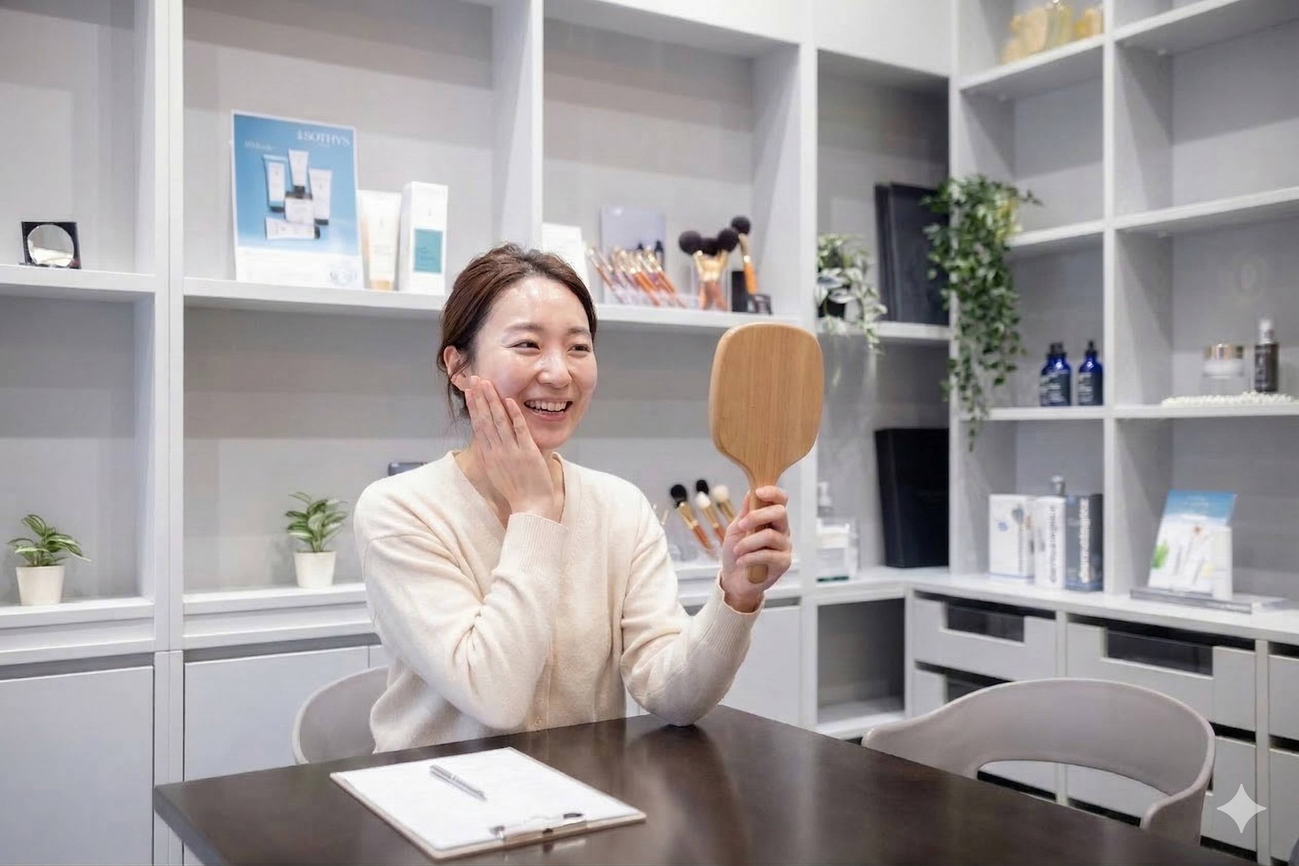 三田市エステサロン ルナクレッシェンテで施術後に鏡で肌を確認するお客様 - フェイシャルエステ・毛穴ケア・たるみ改善の効果に笑顔で満足される様子。化粧品棚を背景にした清潔感のあるカウンセリングスペース