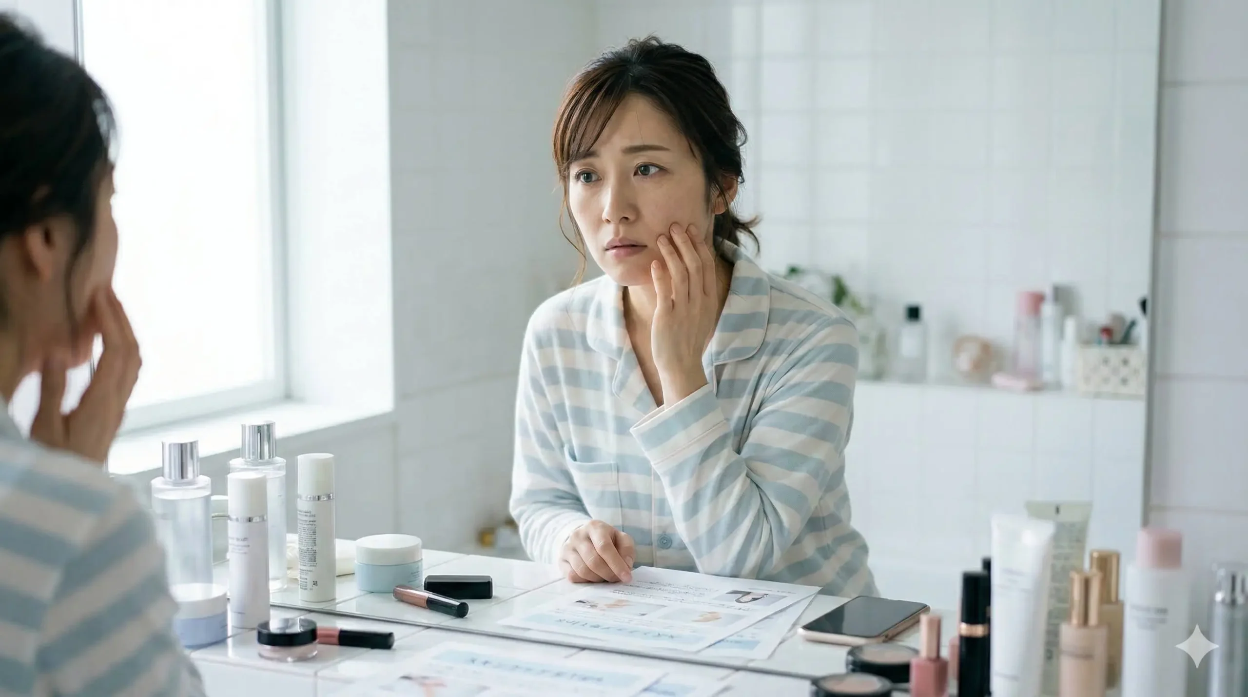 鏡を見ながら肌の状態を気にする女性 - 毛穴の開き・たるみ・しわ・くすみなど肌悩みを抱え、自分に合うスキンケア方法が分からず悩んでいる様子。三田市エステサロンでの肌診断で解決へ